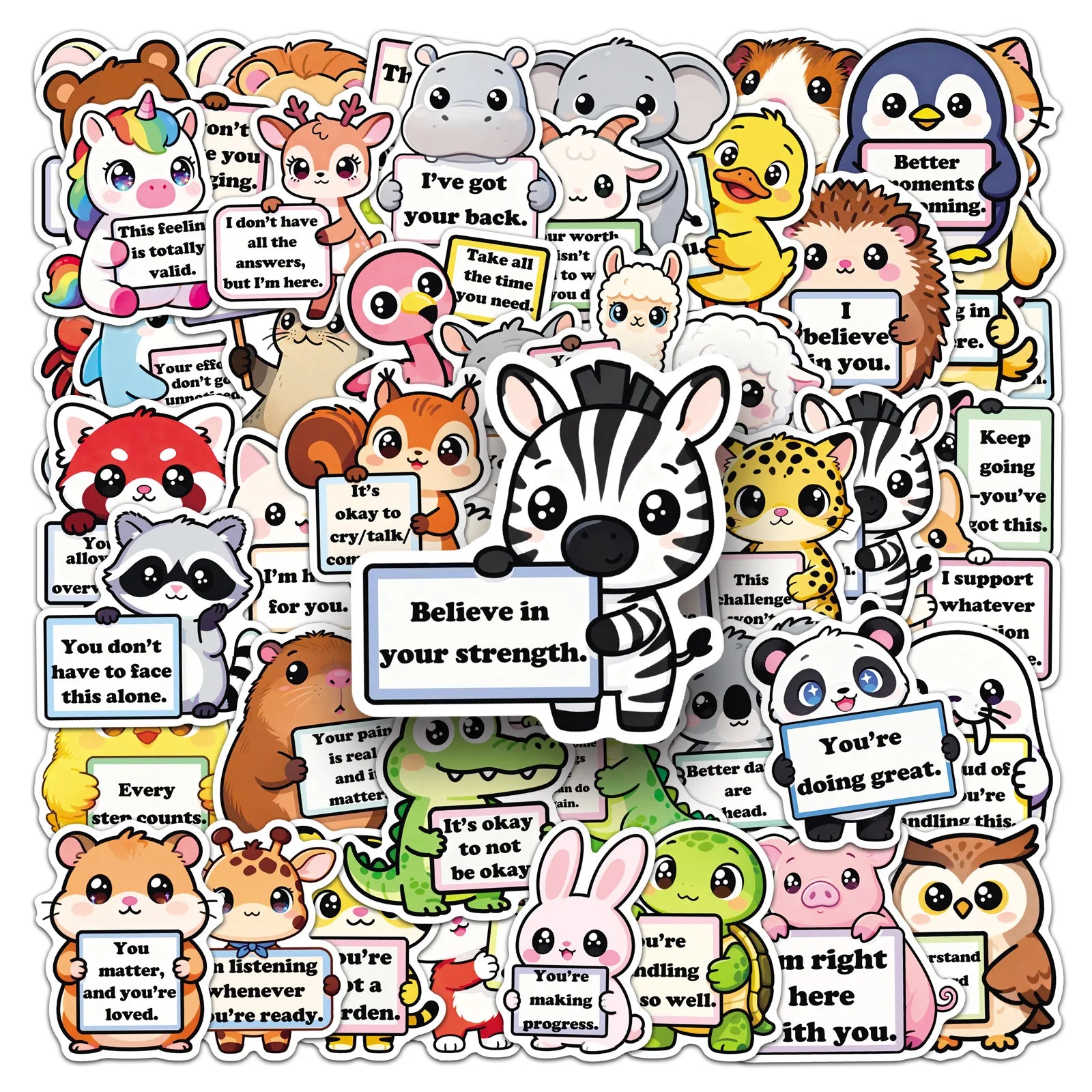 50Pcs Inspirational Phrase Animal Stickers, Cute School Supplies Decals for Notebook Album Cup Phone Fridge DIY Decor