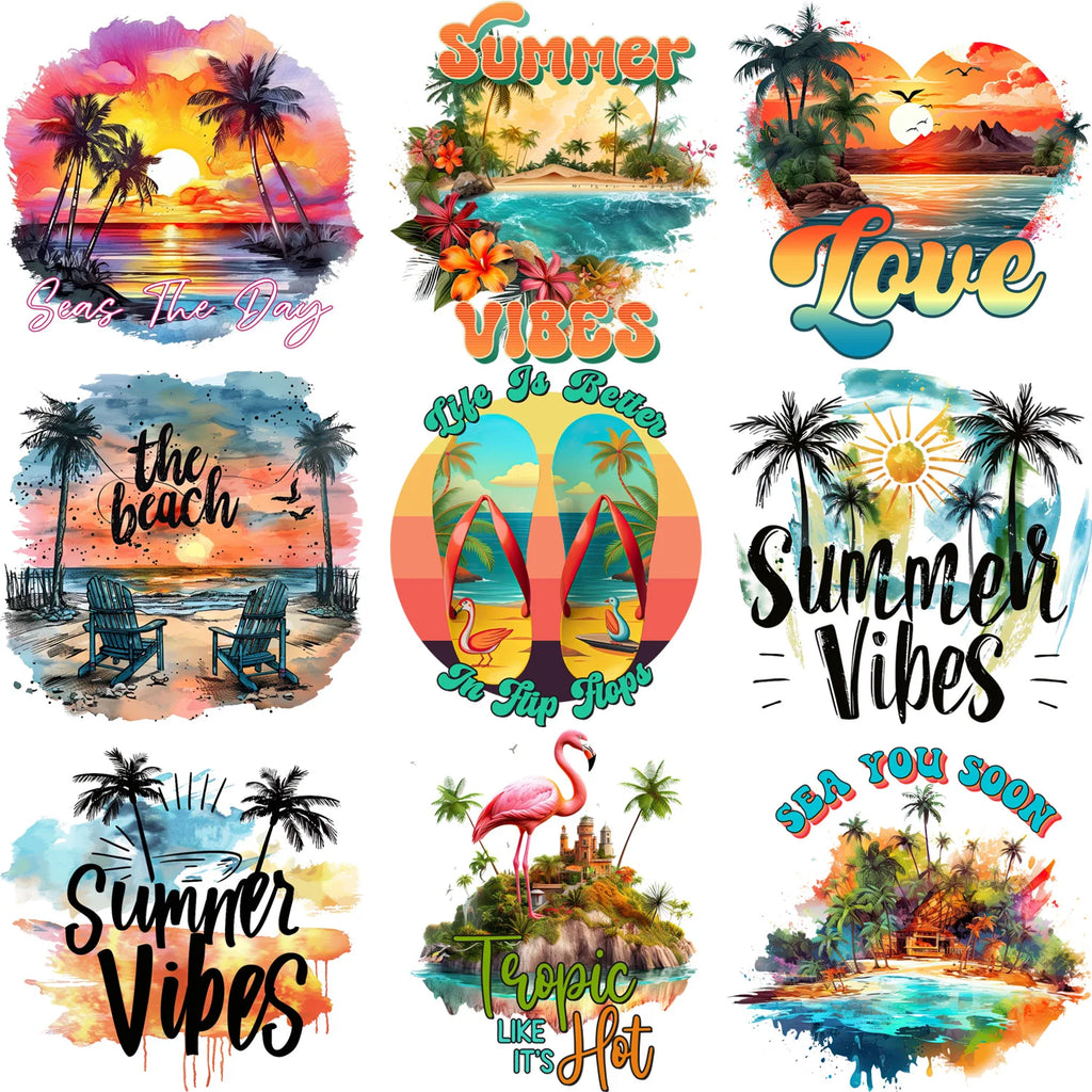 9 sheets Summer Beach Sunset Series DIY Theme Iron-on Applique Patches Colorful Theme Heat Transfer DIY Clothing, T-shirts