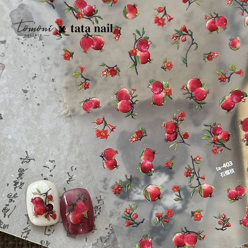Jelly Fruits Nail Art Stickers Sweet Pomegranate Branch Self Adhesive Nail 3D Decorations Stickers DIY Chinese Nails Accessories