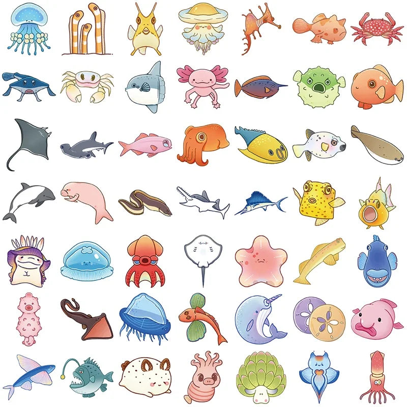 50PCS Cartoon Fish Colored PET Sticky Sticker Aesthetic Tear Open Children's Decoration Scrapbooking School Stationery Supplies