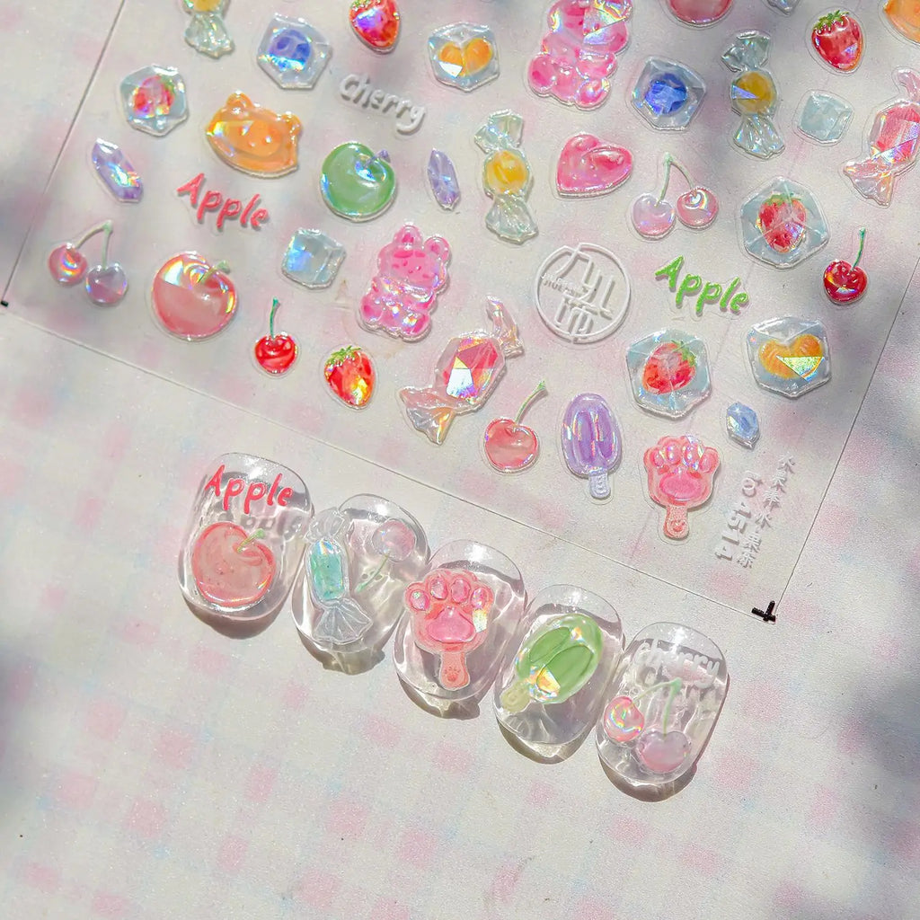 Colored Lemon Jelly Nail Stickers 5D Sweet Fruits Cartoon Calw Bear Candy Self Adhesive Nail Art Stickers DIY 3D Cute Nail Parts