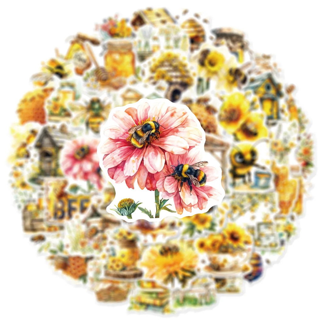 50PCS Bee Flower Graffiti Stickers Notebook Water Cup Luggage Handbag Decoration Non repeating Waterproof Stickers