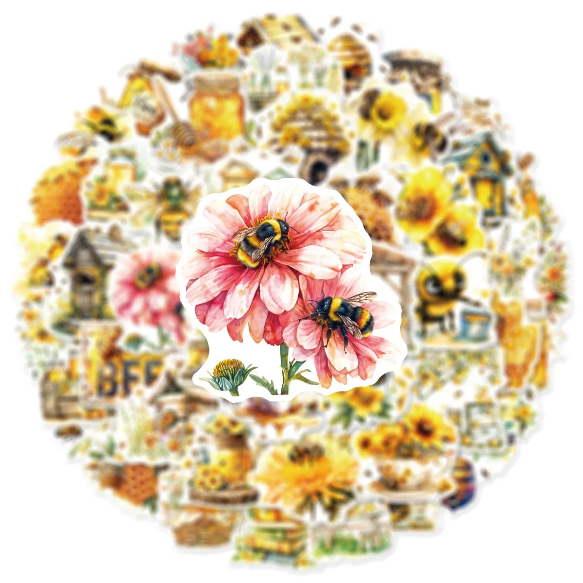 50PCS Bee Flower Graffiti Stickers Notebook Water Cup Luggage Handbag Decoration Non repeating Waterproof Stickers