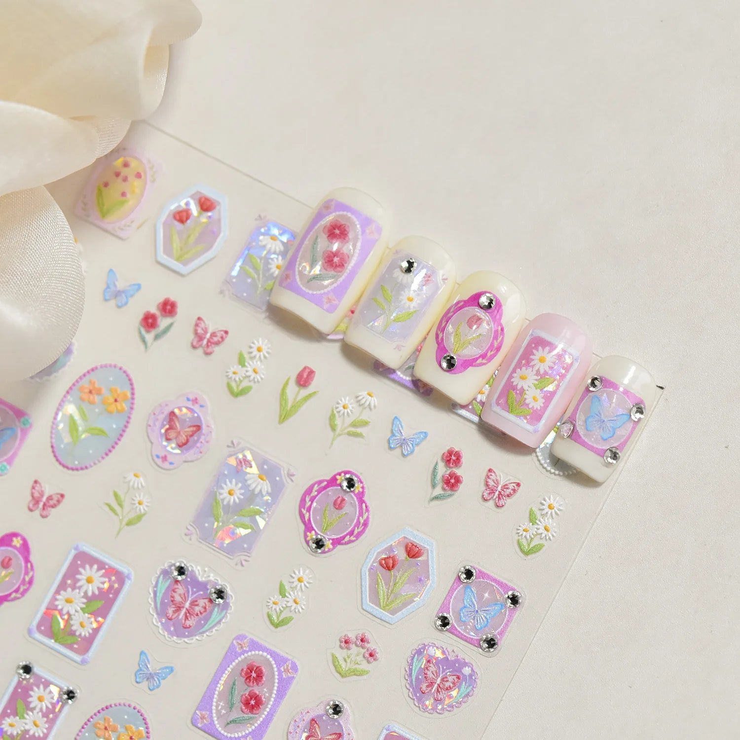Colorful Daisy Frame Nail Decoration Stickers 5D Crystal Diamond Nail Art Stickers DIY Self Adhesive Bow Flowers Manicure Decals