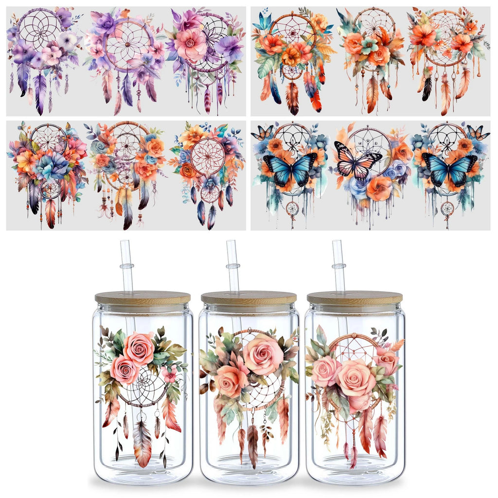 5 sheets Dreamcatcher UV DTF Cup Stickers, DTF Transfer Stickers, Waterproof Wipe-Off Transfer Paper for 16oz Glass, Mug, Crafts