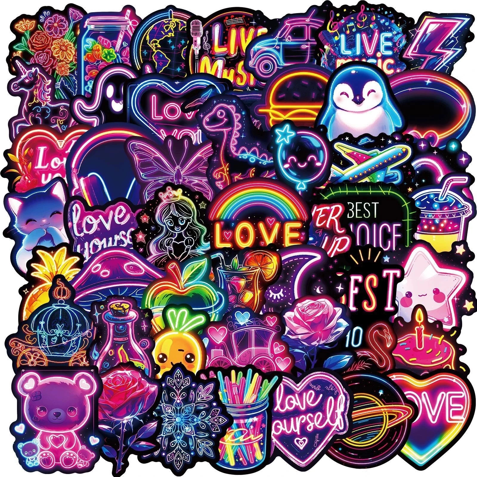 56PCS Neon Cat Graffiti Stickers Cool Colorful Lights Cartoon Cat Skateboard Decoration Stickers For Stationary Notebook