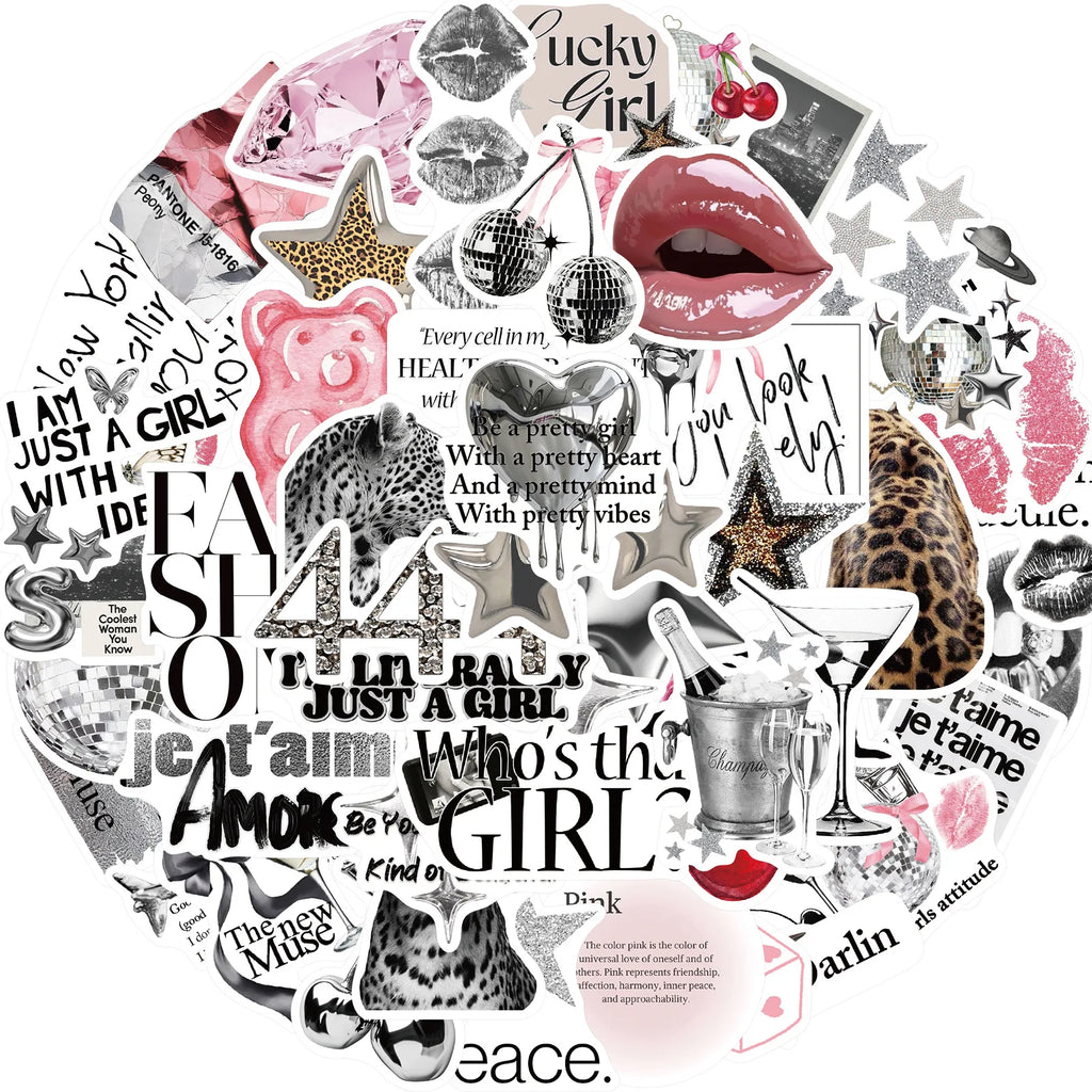 50/100PCS Silver Lucky Girl Handbooks Creative Stickers Notebook Stationery Box Helmet Stickers
