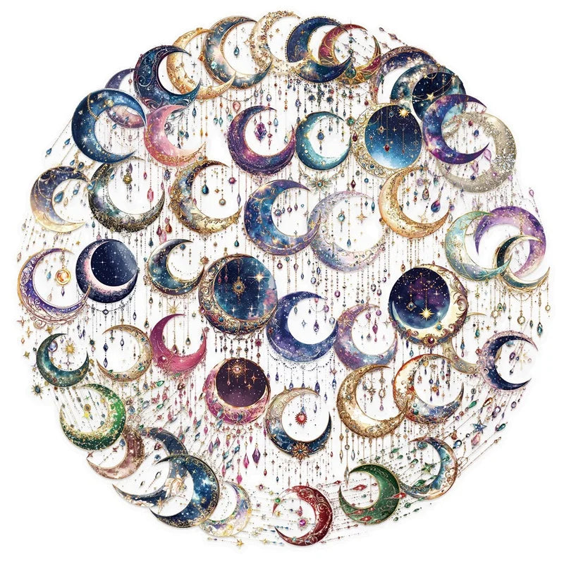 50PCS Dreamy Starry Moon PET Sticky Sticker Aesthetic Tear Open DIY Decoration Scrapbooking School Stationery Supplies for Kids