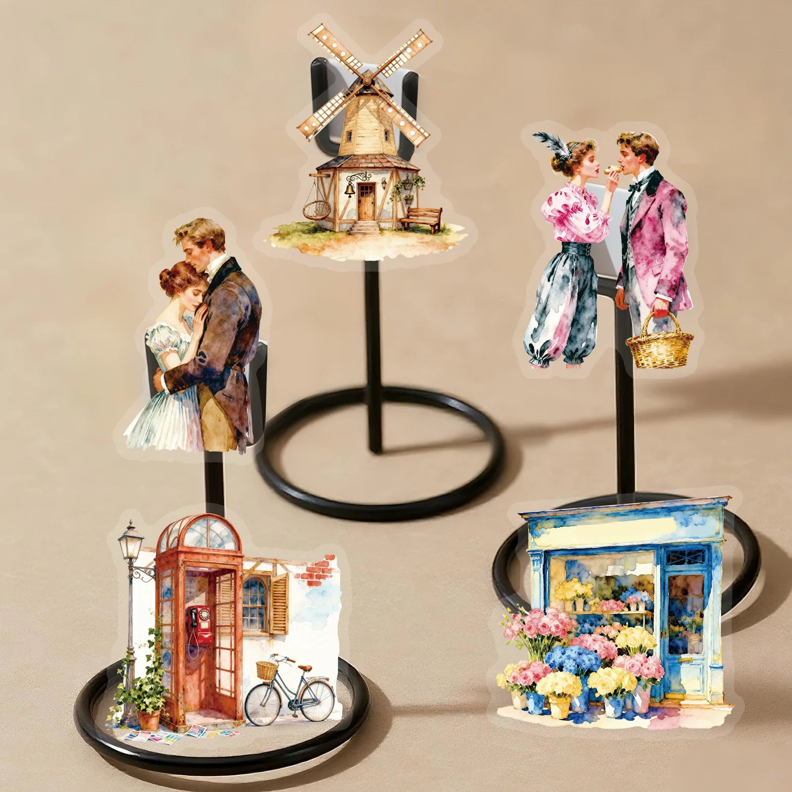 56PCS European Architecture Figure Vintage Street View Stickers, PET Transparent Watercolor Student Stationery Decor Sticker