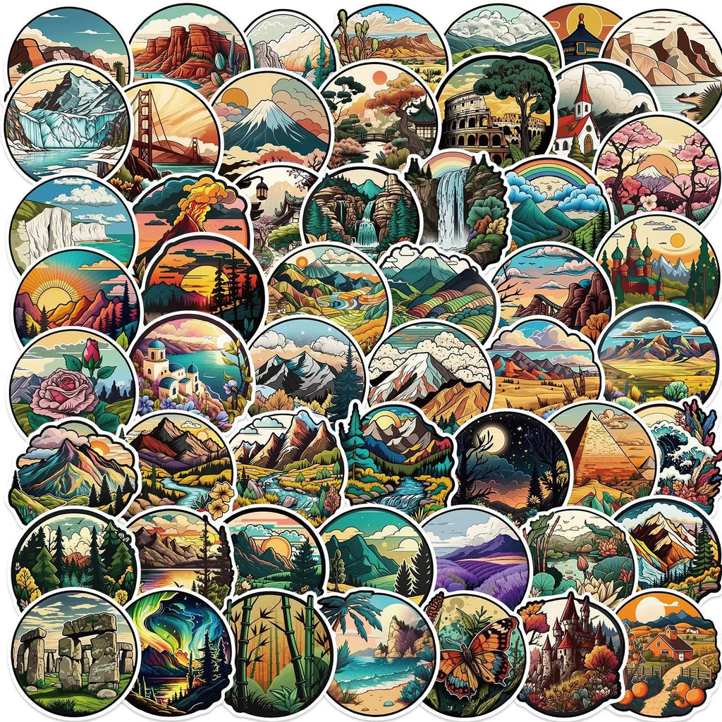 50/100PCS Cartoon Outdoor Landscape Graffiti Stickers Decoration Guitar Notebook Luggage DIY Reward Stickers