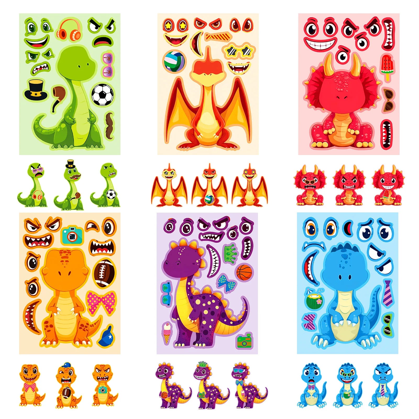 6/12PCS Dinosaur Puzzle Face Changing Stickers Cute Cartoon Children's Toys Stationery Reward Stickers