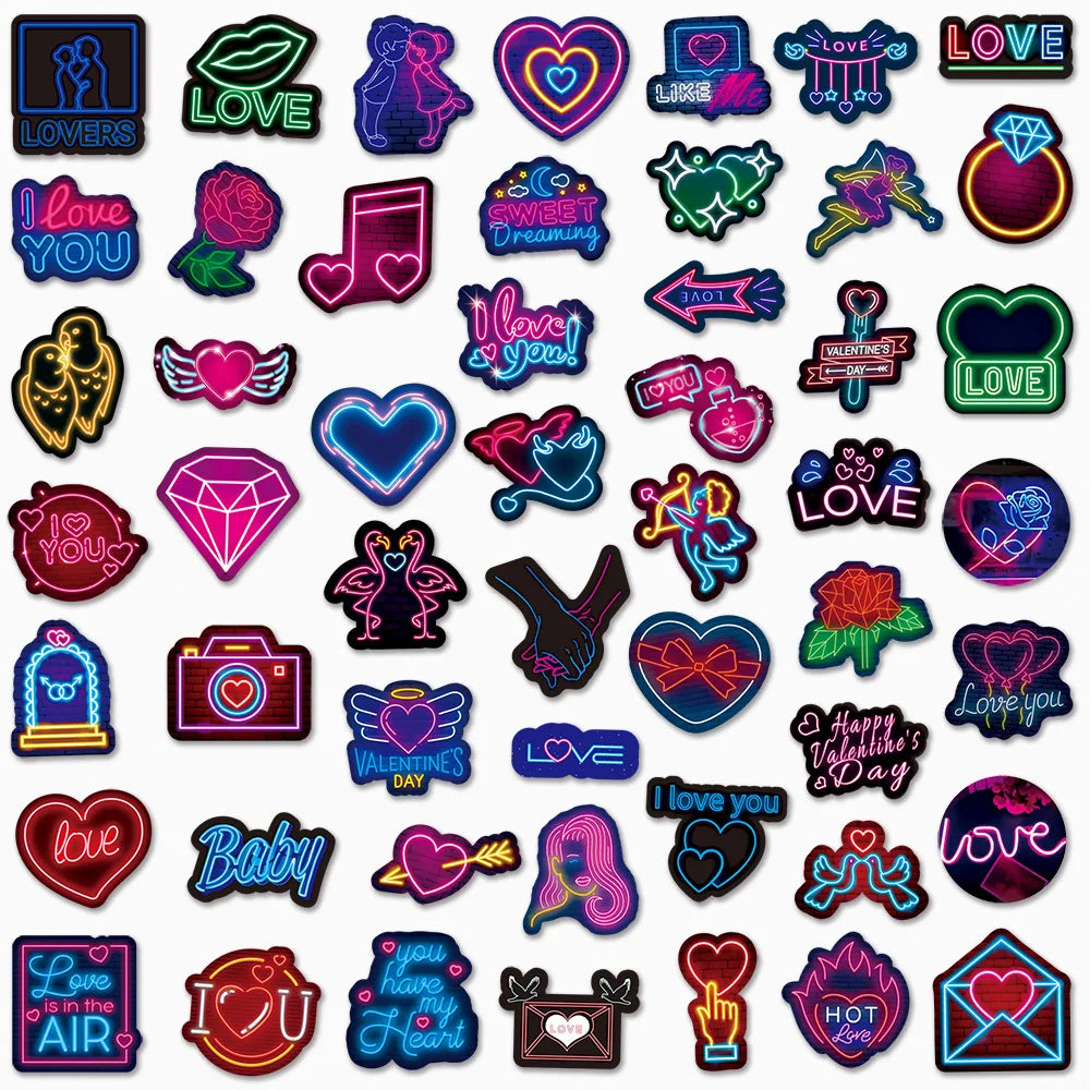 50-Pack Neon Valentine Graffiti Stickers Waterproof for Luggage Notebooks Electric Bicycles Skateboards Mobile Phones Stationery