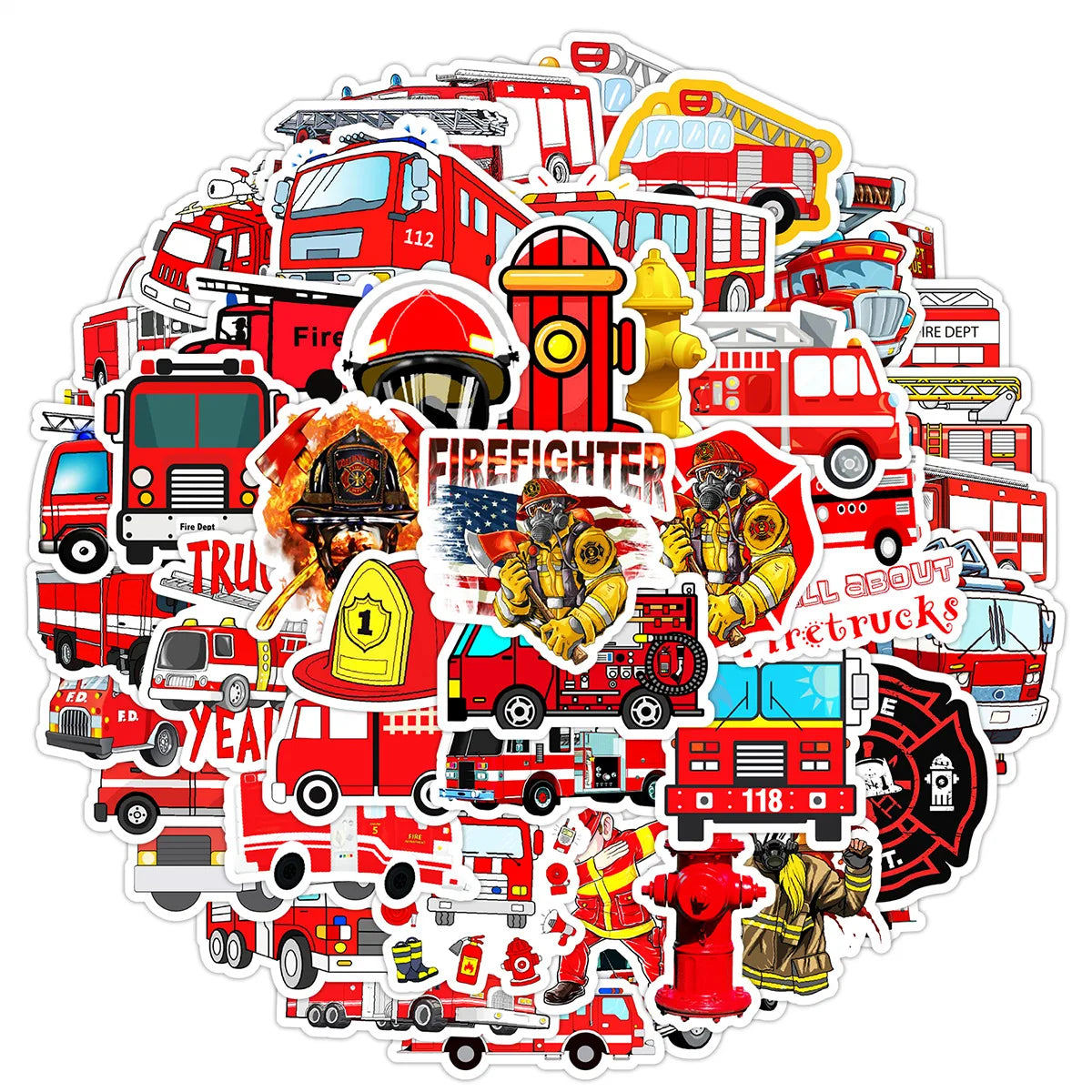 50/100PCS Fire Truck Graffiti Stickers, Car Phone Handcup Decorative Stickers, Notebook Handbag Waterproof Stickers