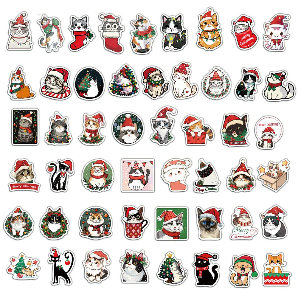 50PCS Cute Christmas Cartoon Cat Fun Stickers DIY Manual Scrapbook Fixed Phone Laptop Stickers Toy