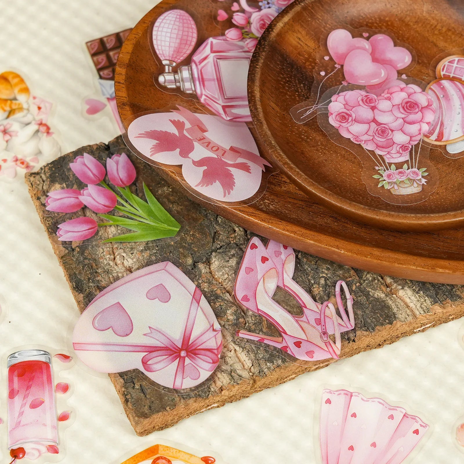56/112PCS Pink Valentine's Day Cartoon Stickers Transparent PET High Beauty Festival Decorative Stickers