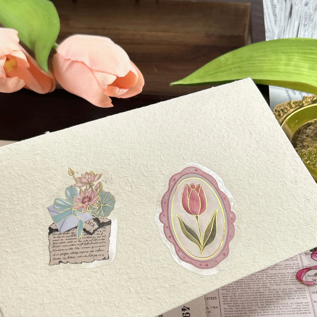 50/100PCS Cartoon Flower Heart Language Sticker Pack Waterproof Transparent PET Decorative Guitar Notebook Hot Stamping