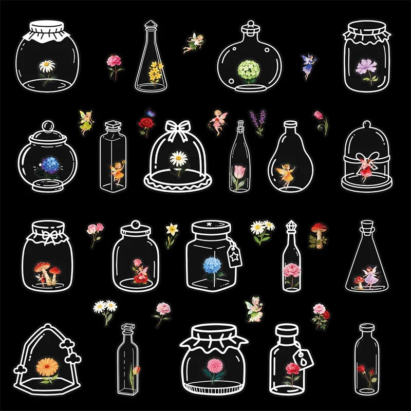 56PCS Kawaii Flower Bottle PET Sticky Sticker Aesthetic Tear Open DIY Decoration Scrapbooking School Stationery Supplies