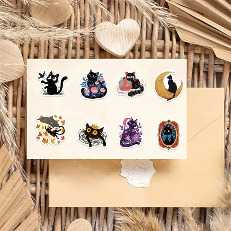 10/30/50PCS Cartoon Black Star Cat PVC Sticky Sticker Aesthetic DIY Stationery Decoration Scrapbooking School Supplies for Kids