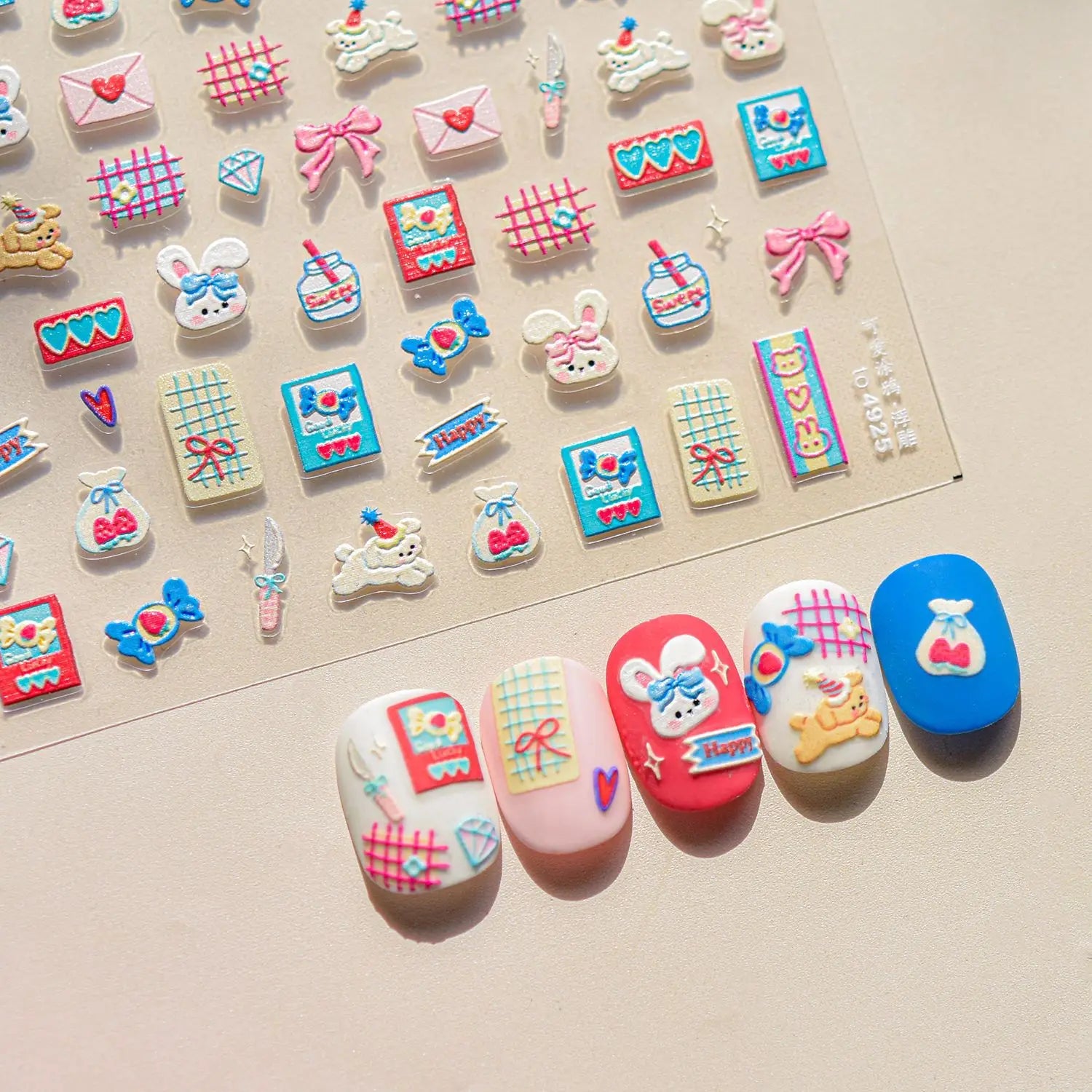Cute Graffiti Nails Sticker 3D Simple Cat Claw Rabbit Bear Dog Flower Lovely Animal Fruit Adhesive 5D Embossed Nail Art Stickers
