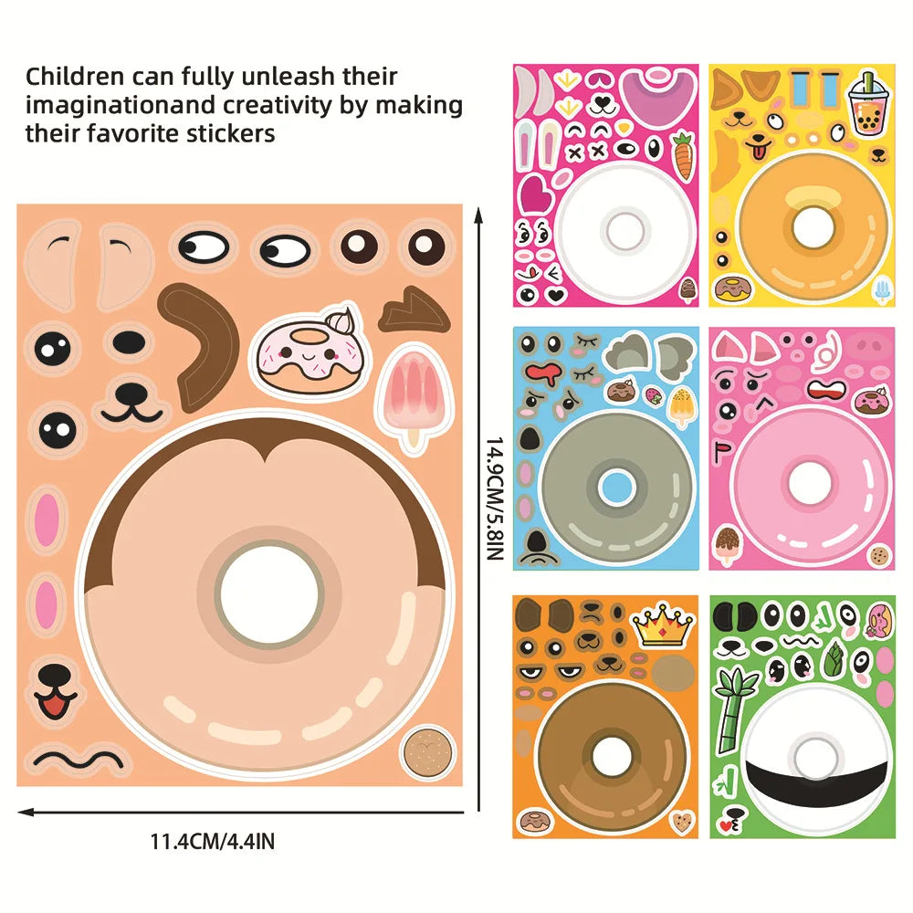 8/16/24Pcs Cartoon Animal Donut Make A Face Puzzle Stickers Stationery Decals Notebook Phone Laptop Fridge Luggage Sticker