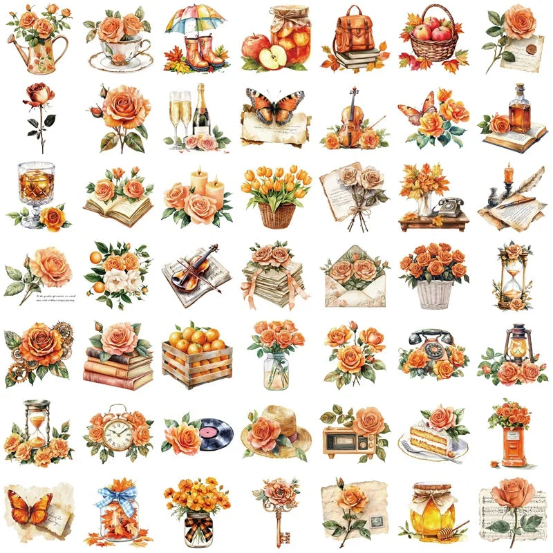 50PCS Kawaii Orange Rose Sticky PVC Sticker Aesthetic Stationery DIY Decoration Scrapbooking Children's Supplies
