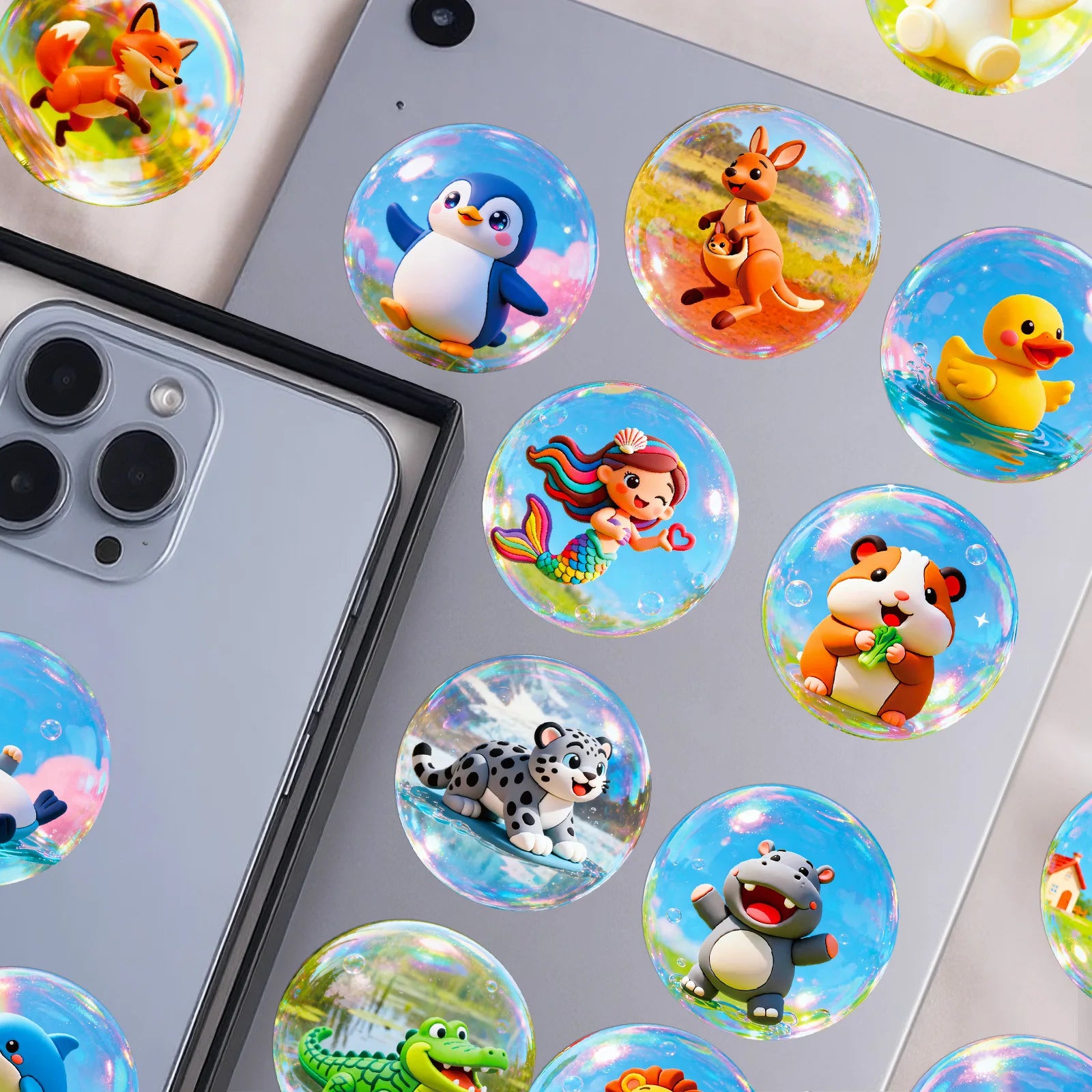 50/100Pcs Cute Animal Bubble Ball Cartoon Waterproof Stickers for Phone Laptop Stationery Box Helmet Storage Box Drawer Decals