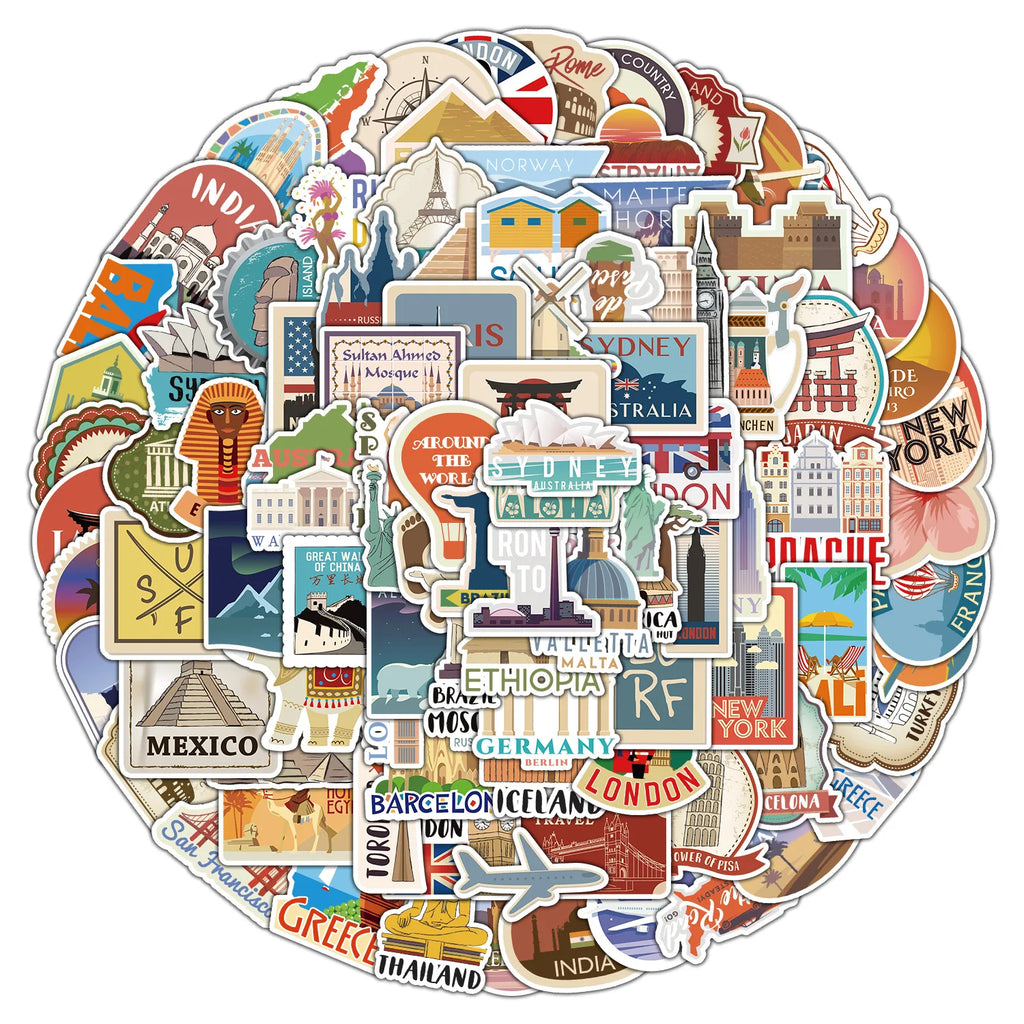100Pcs World Famous Travel Landmark Doodle Stickers, Stationery Notebook Phone Guitar Fridge Luggage Waterproof Decals Stickers