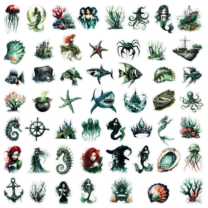 50PCS Kawaii Terror Mermaid PET Sticky Sticker Aesthetic Tear Open DIY Decoration Scrapbooking Stationery Supplies for Kids