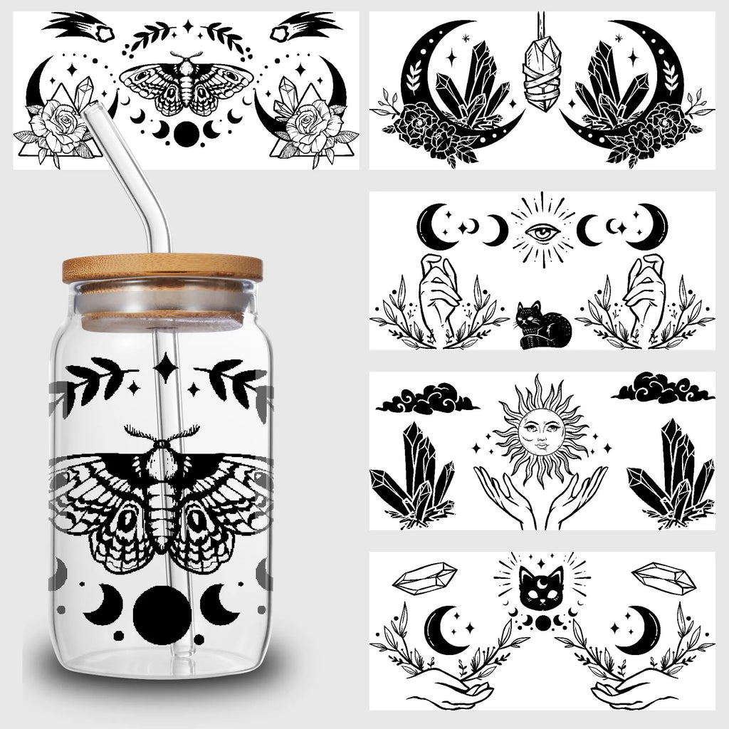 5 sheets Magic Cat UV DTF Glass Cup Wrap Transfer Stickers, DTF Transfer Stickers, Waterproof Wipe-Off Transfer Stickers
