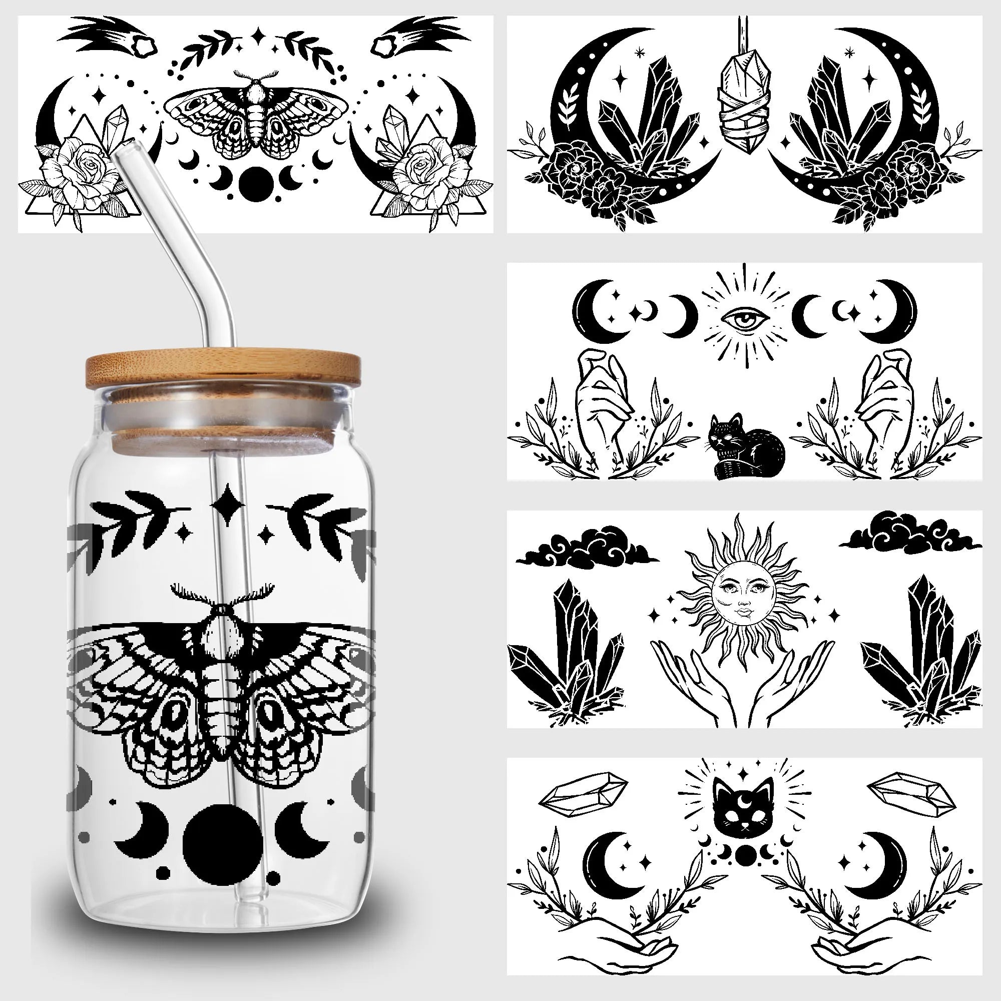 5 sheets Magic Cat UV DTF Glass Cup Wrap Transfer Stickers, DTF Transfer Stickers, Waterproof Wipe-Off Transfer Stickers