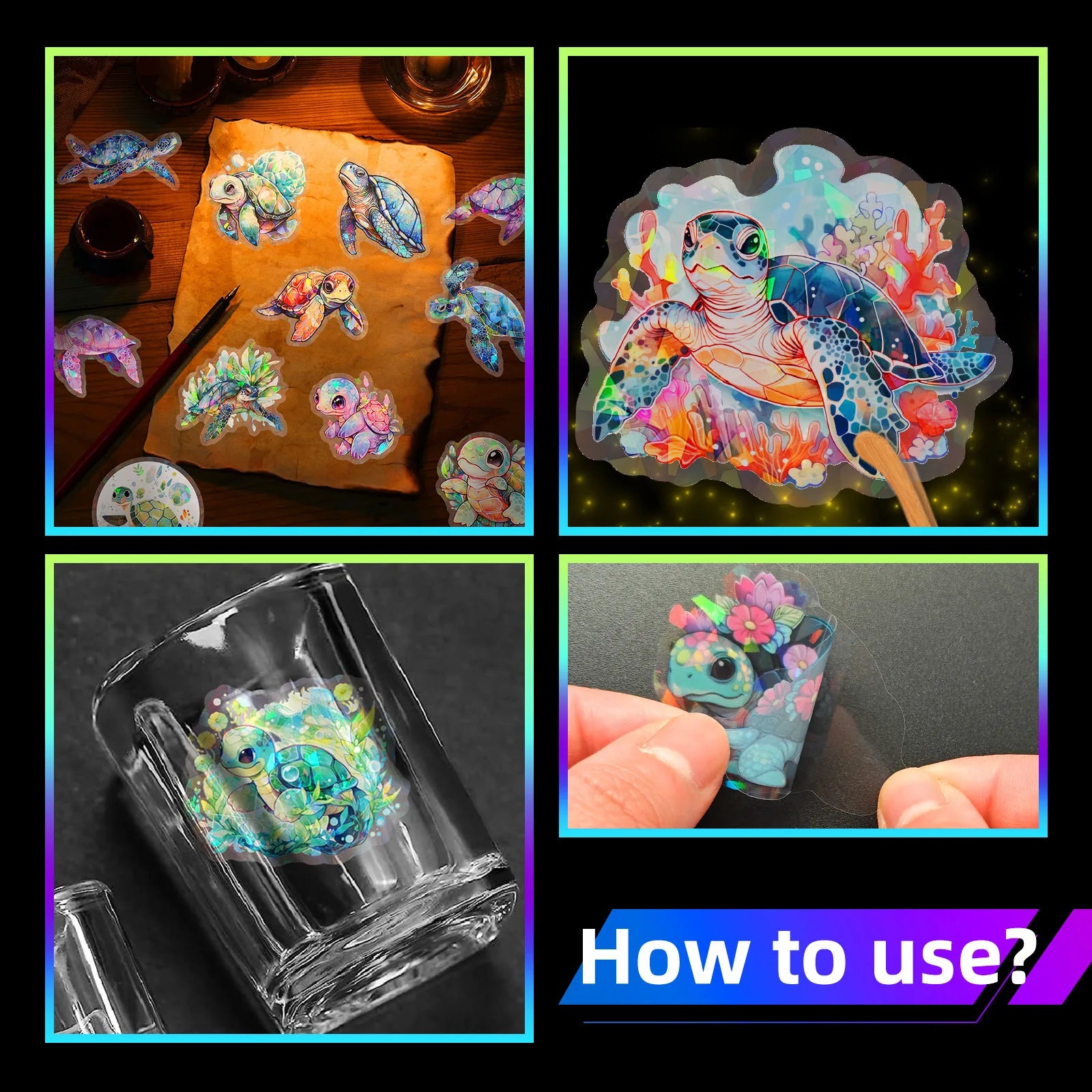 50 Pcs Transparent Laser Turtle Stickers, Colorful DIY Luggage, Phone Case, Notebook Stickers