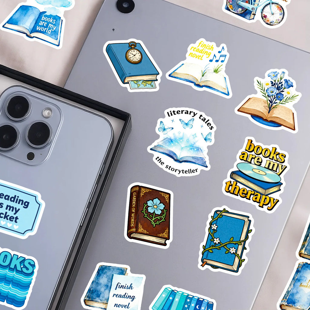 56PCS Bookshelf Therapy Doodle Stickers, Blue Reading Theme Student Stationery Notebook Suitcase DIY Decorative Art Sticker