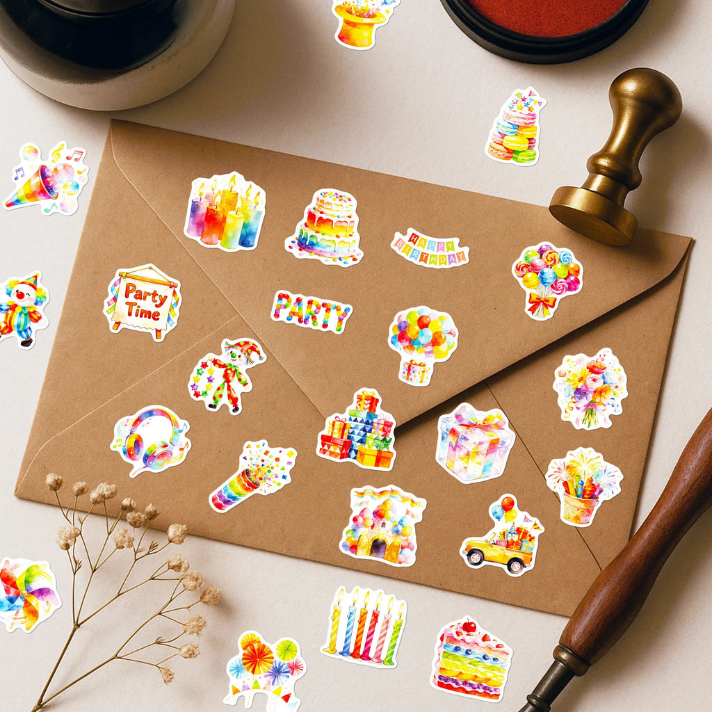 56PCS Watercolor Birthday Party Graffiti Stickers Balloon Cake Candy Elements Student Stationery Notebook Birthday Gift Stickers