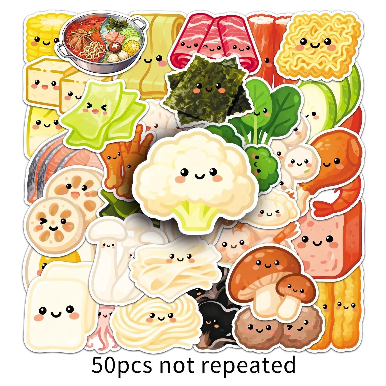 50Pcs Cartoon Hot Pot Ingredients Stickers, Cute Veggie Food Doodle Decals for Notebook Phone Cup Fridge Kitchen DIY Decor