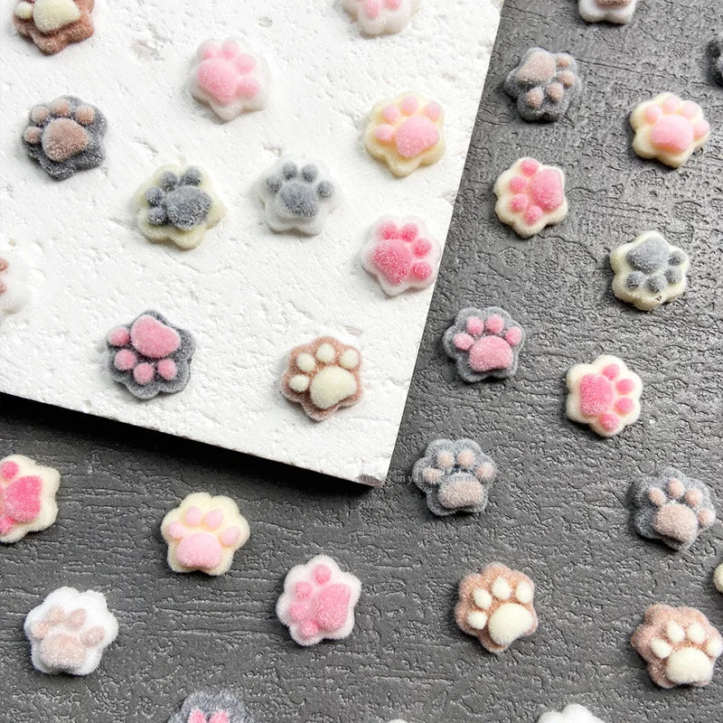 Winter Flocked Cat Paw Cartoon Nail Art Accessories Colorful 3D Bear Paw Resin Nail Charms DIY 10pcs Manicure Decorations Parts