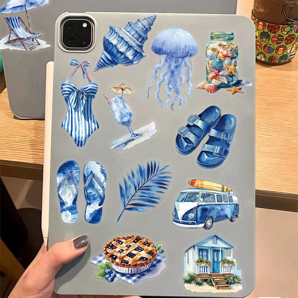50PCS Summer Beach Blue Cartoon Decorative Stickers DIY Graffiti Skateboard Phone Case Tablet Decorative Toy Stickers