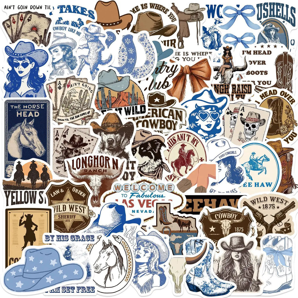 50/100PCS Cartoon Blue Brown Cowboy Doodle Stickers, Waterproof Decals for Phone Laptop Guitar Notebook Stationery