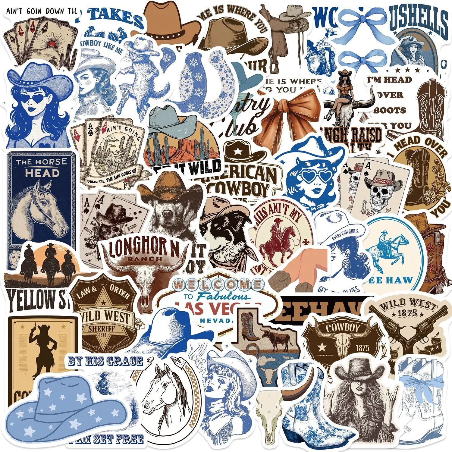 50/100PCS Cartoon Blue Brown Cowboy Doodle Stickers, Waterproof Decals for Phone Laptop Guitar Notebook Stationery