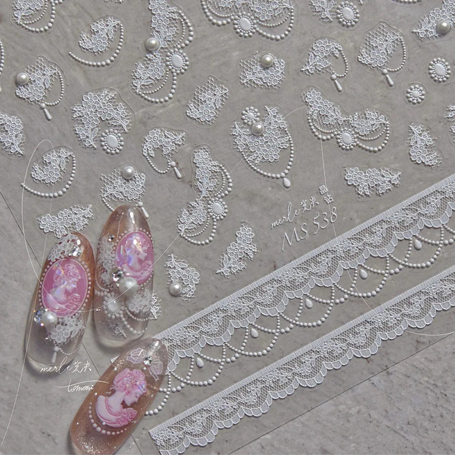 Fashion Lace Flower Charming Nail Stickers Luxury 5D Crystal Diamond Pearl Nail Art Stickers Self Adhesive Manicure Tools Decals