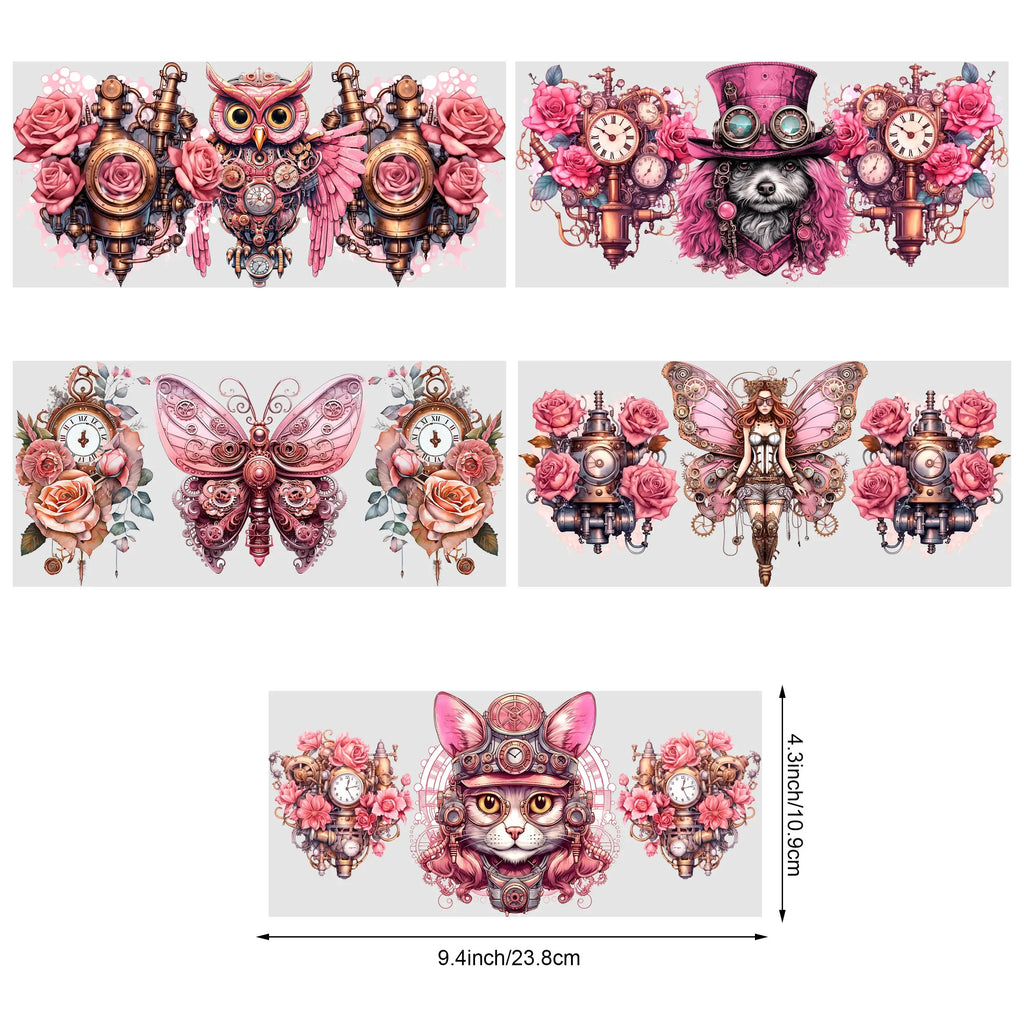 5 Sheets Steampunk UV DTF Cup Wrap,Sport DTF Transfer Stickers for Glass Cup,Waterproof funny Punk animal Rub on Transfers