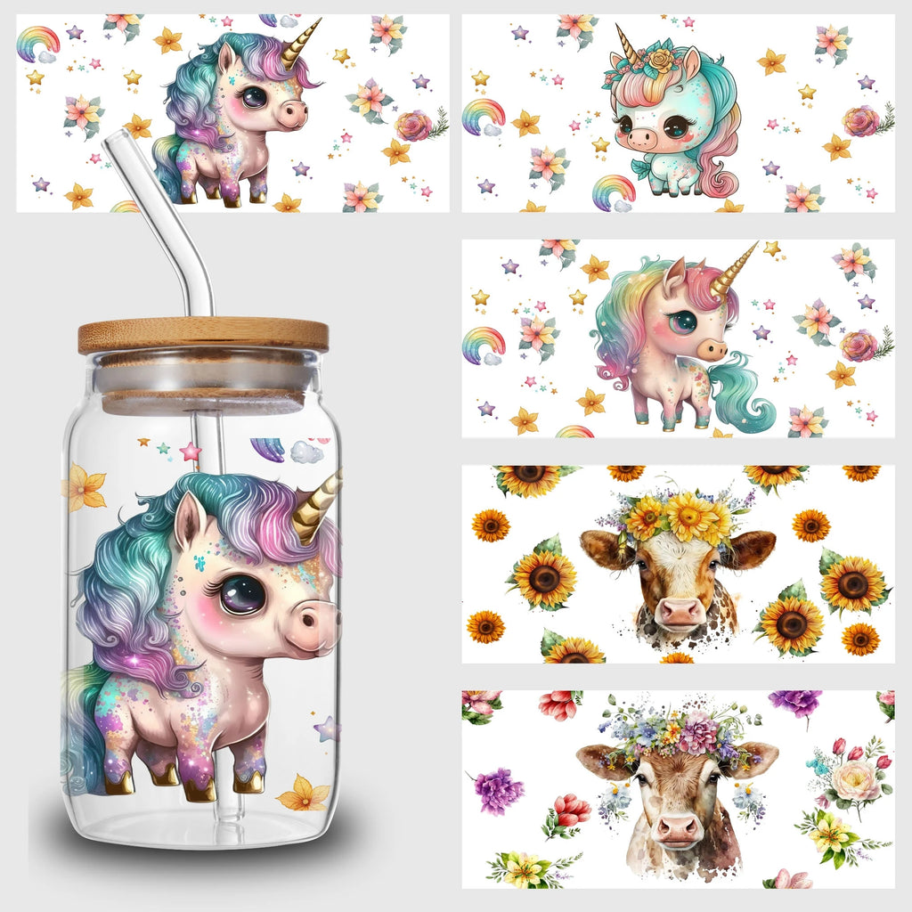 5 Sheets Animal UV DTF Cup Stickers, DTF Friction Transfer Stickers, Waterproof Transfer Stickers for 16oz Glass Cups, DIY