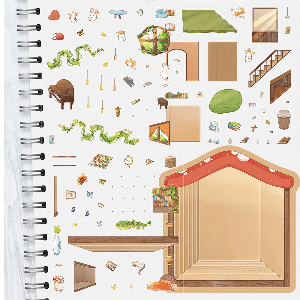 2PCS Notebook Cartoon Cat House Landscape Creation Sticker Aesthetic Scrapbook Suitcase Coffee Stationery Bumper Paper Stickers