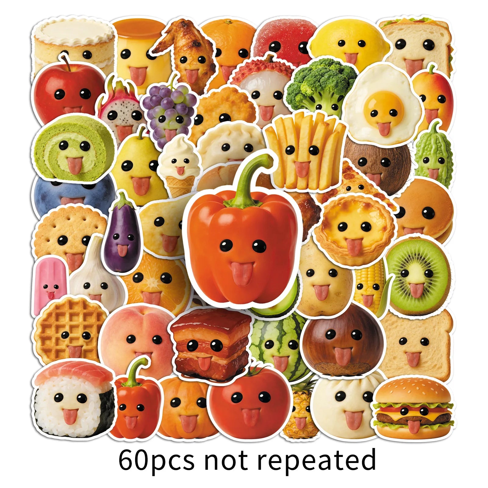 60-Piece Abstract Food Fun Emotion Graffiti Stickers Waterproof Decor DIY for Mobile Phone Case Helmet Guitar Notebook
