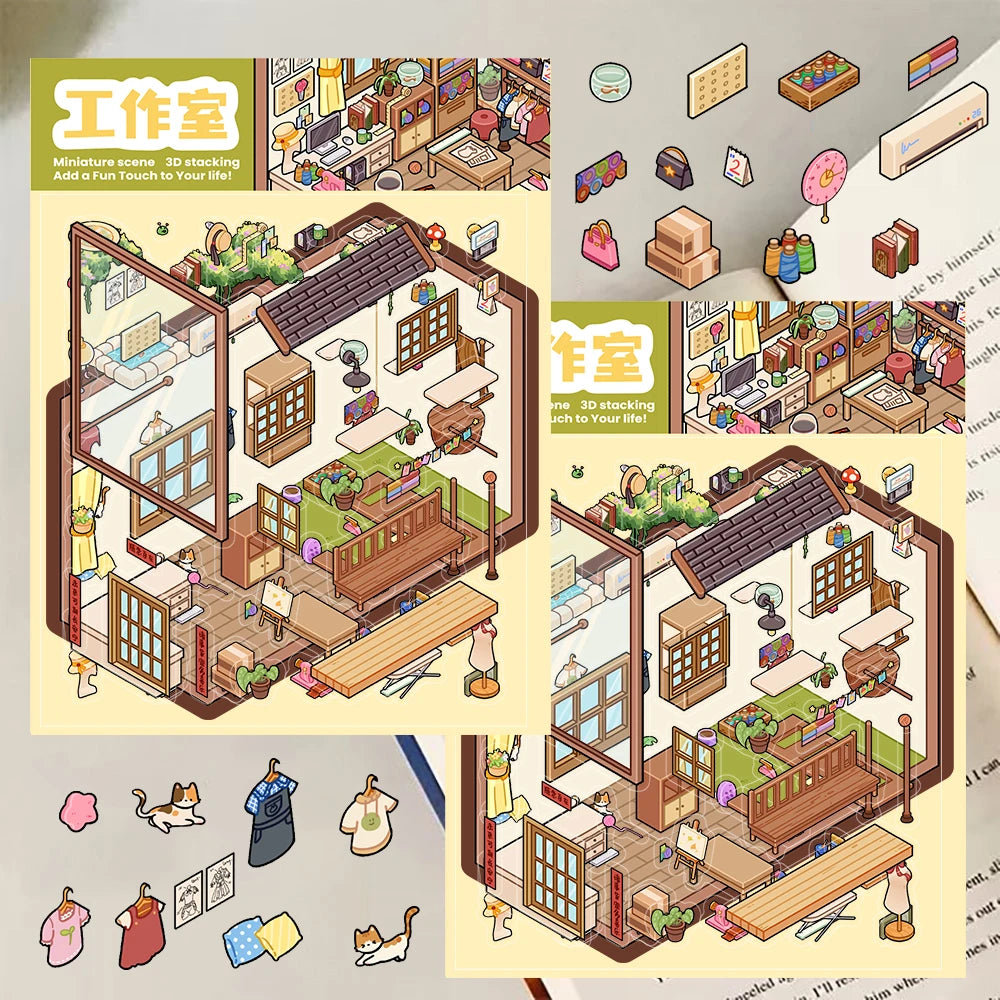 Studio 3D Landscaping Miniature Scene Sticker Harajuku Decompression Casual Scrapbook Personalized Modern Bedroom Stickers