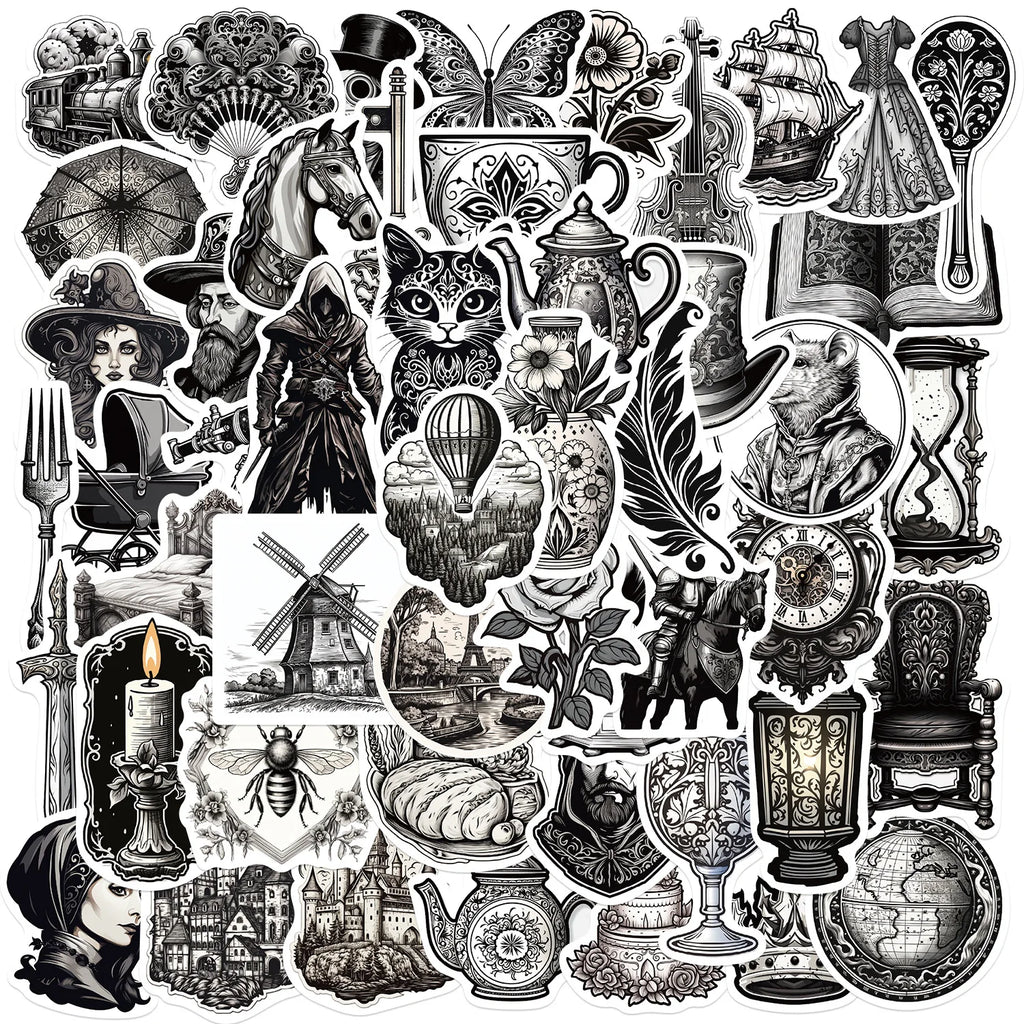 50/100PCS Black & White Medieval Style Graffiti Stickers Guitar Notebook Luggage DIY Waterproof Stickers