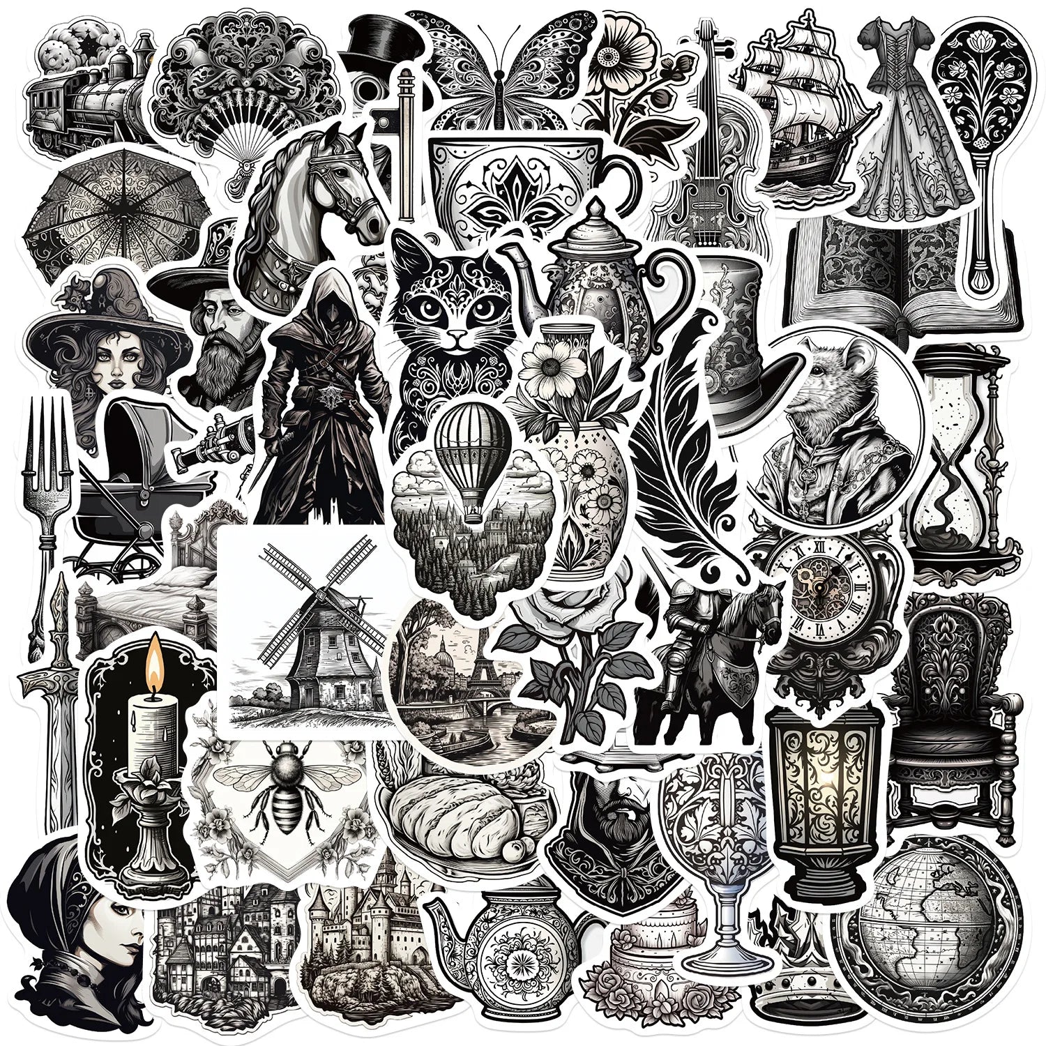 50/100PCS Black & White Medieval Style Graffiti Stickers Guitar Notebook Luggage DIY Waterproof Stickers