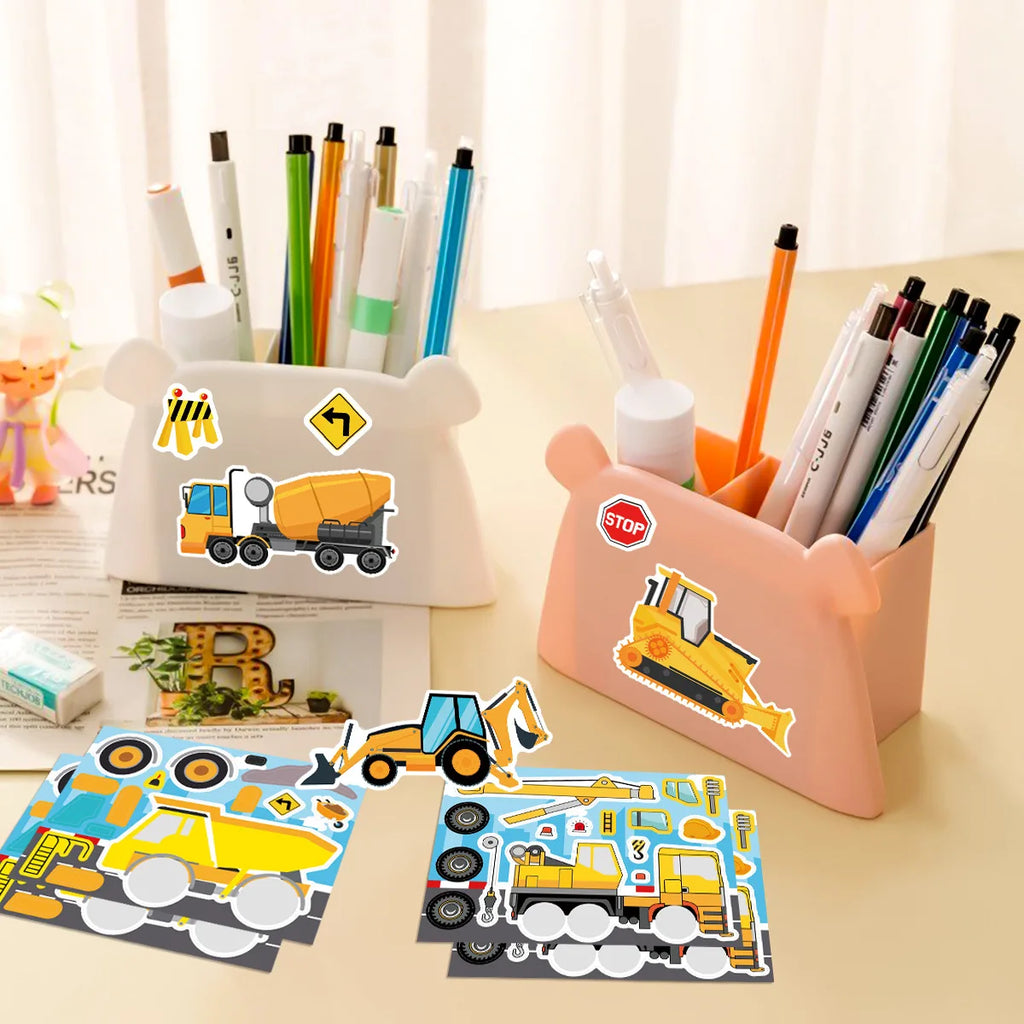 16PCS Cartoon Engineering Car Puzzle Stickers Luggage Make A Face Notebook Children Puzzle Stationery DIY Stic