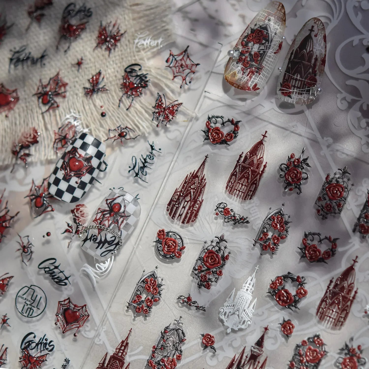 Halloween Stickers 5D Embossed Dark Castle Flower Window Butterfly Rose Spider Nail Art Stickers Decals DIY Nails 3D Decorations