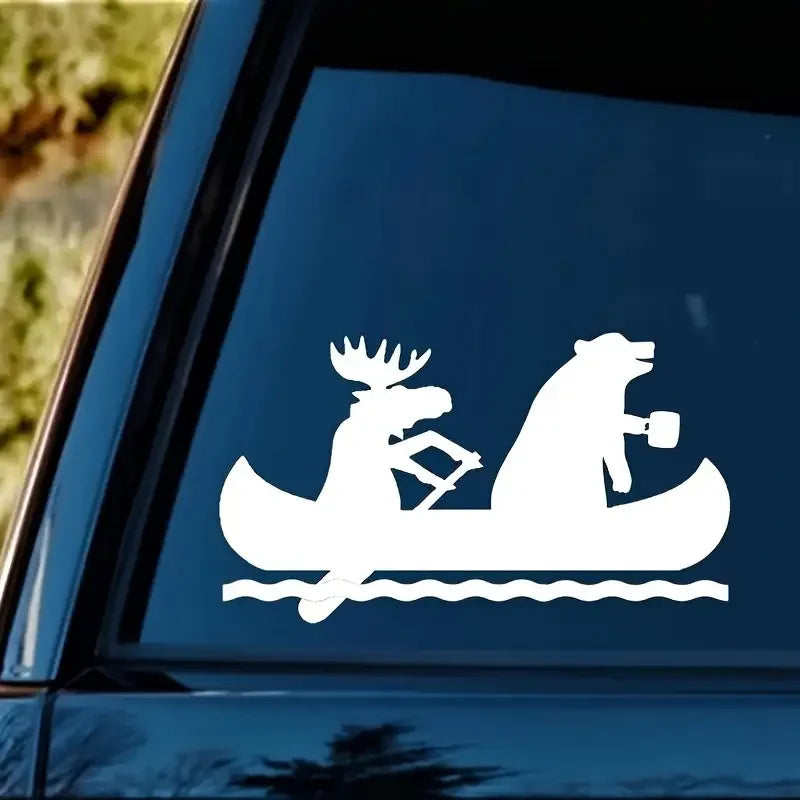 [Adventure Car Sticker] Outdoor Adventure Car Sticker | Moose And Bear in a Canoe - Suitable for Car Windows