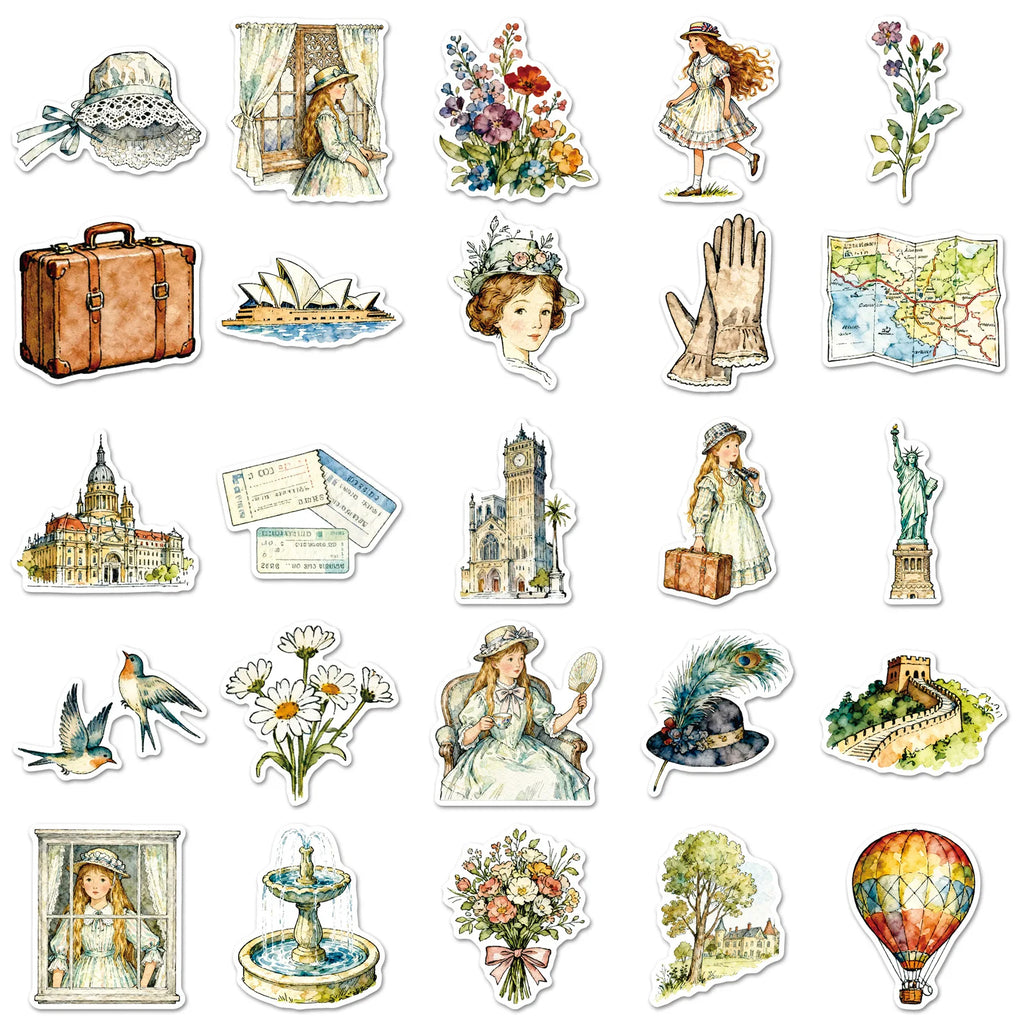 50/100PCS Personalized Travel Stickers Retro Art Small Fresh Hand drawn Waterproof Decoration Insulated Cup Stickers